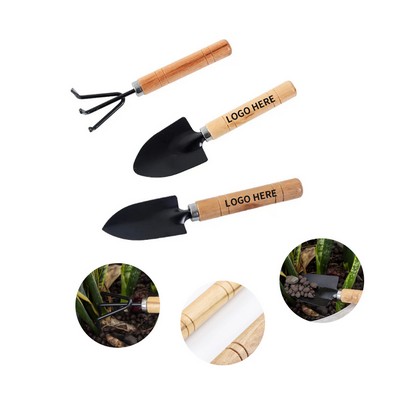 Compact Wood-Handled Gardening Set with Shovel, Rake, and Spade