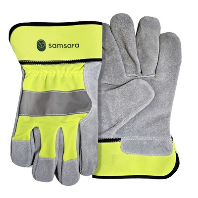 Hi-Vis Leather Palm Safety Gloves